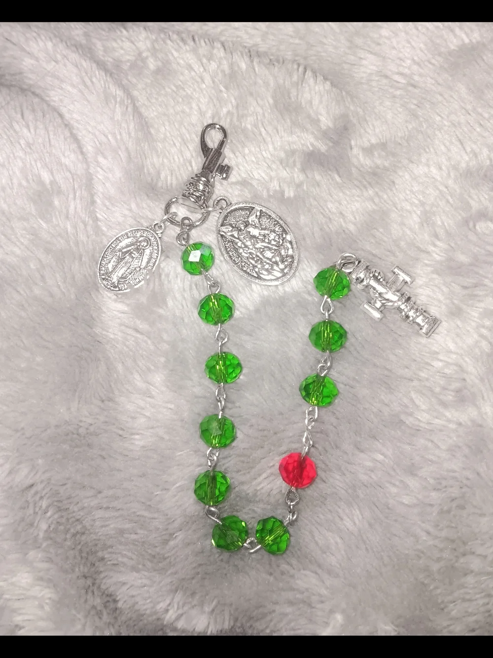 Green and Red Beaded Religious Pocket Rosary